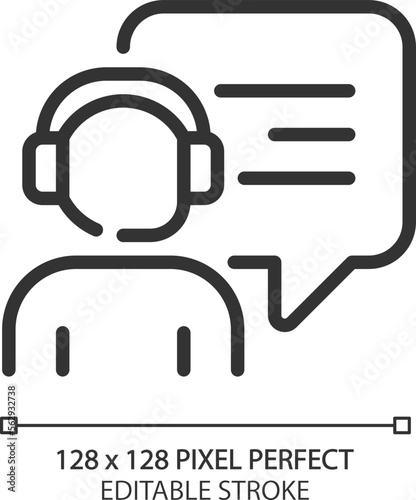 Interact with call centre operator pixel perfect linear icon. Person with headset and speech bubble. Support service. Thin line illustration. Contour symbol. Vector outline drawing. Editable stroke