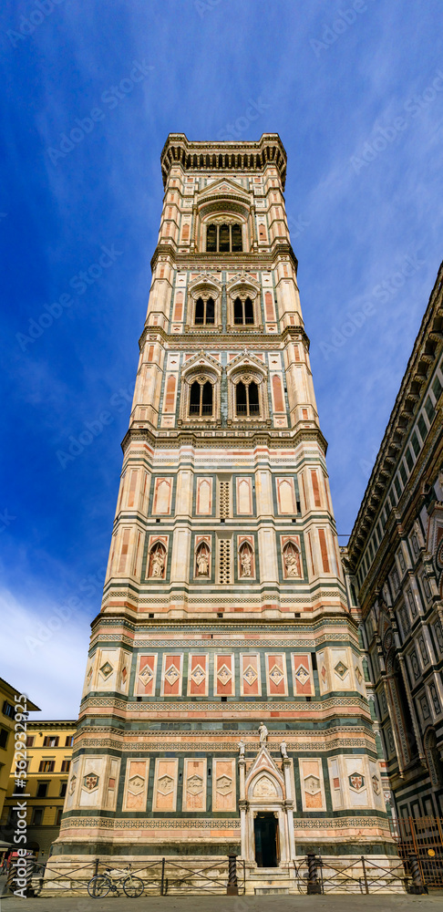 Marble facade of Giotto Campanile bell tower at the Duomo in Florence, Italy.