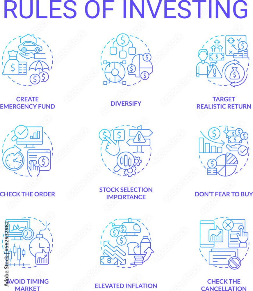 Rules of investing blue gradient concept icons set. Money management. Trading on stock market. Financial processes idea thin line color illustrations. Isolated symbols. Myriad Pro-Bold font used