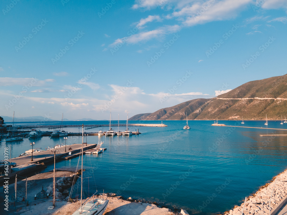 sea bay with yachts and boats at Lefkada island Greece