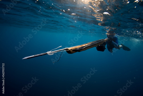 Underwater view of a woman swimming with a speargun, as the tip heads right past the camera in Costa Rica. photo
