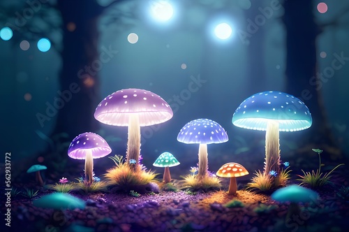 dreamy bioluminescent mushrooms with neon light in forest