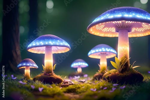 dreamy bioluminescent mushrooms with neon light in forest