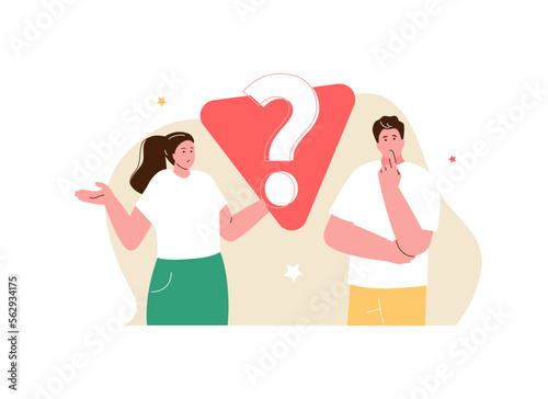 Puzzled people next to the question mark. Search for solutions and ideas. Vector business characters