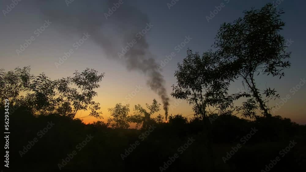 Burning torch of gas field view from within nature at Sunset