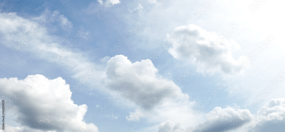 Fototapeta premium Panoramic photo of blurred sky. Blue sky background with cumulus clouds