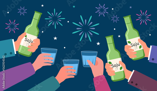 People holding soju bottles and glasses for party celebration in flat design. Cheers Korean alcohol toast concept.