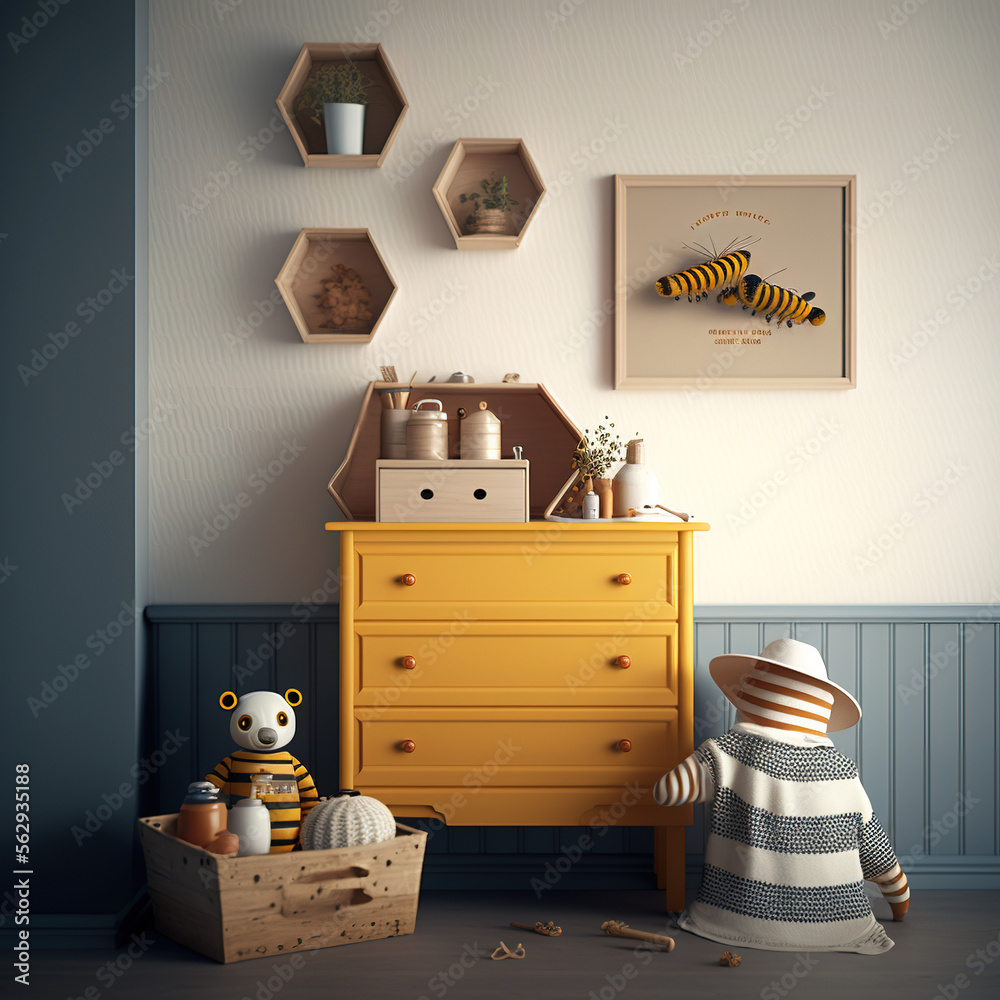 children's room in bee style, honeycomb, generative AI  - obrazy, fototapety, plakaty 