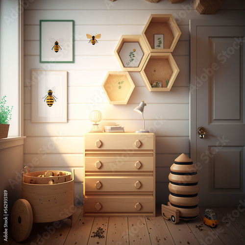 children's room in bee style, honeycomb, generative AI 