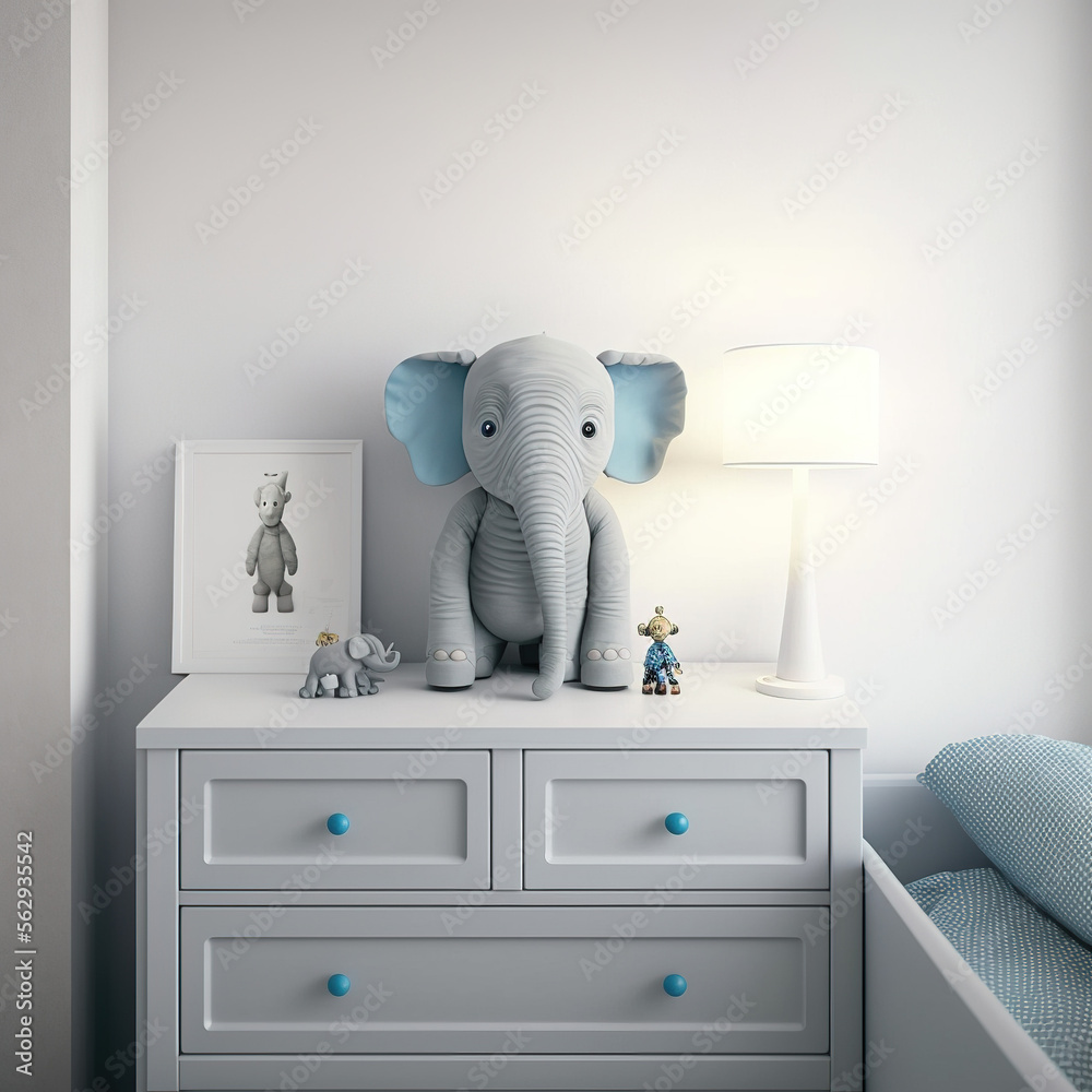 children's room design, for boy, dumby elephant, blue, grey, generative AI  - obrazy, fototapety, plakaty 