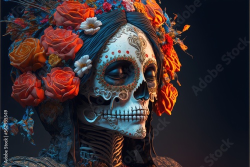 Dia de los muertos, Mexican holiday of the dead and halloween. Woman with skull make up and flowers. This image is generated with generative AI photo