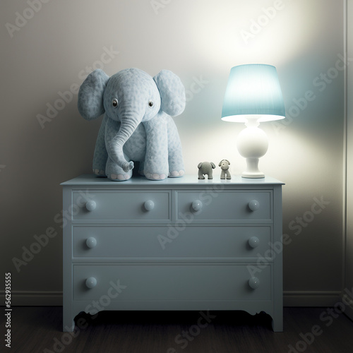 children's room design, for boy, dumby elephant, blue, grey, generative AI 