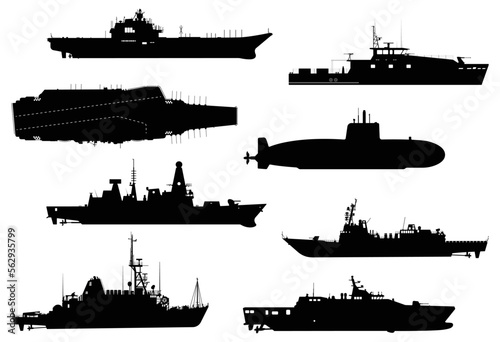 Military Warship Vessels Silhouette, Army Attack Craft Battleship boats Illustrations photo