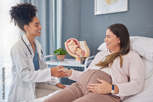 Pregnant patient, doctor and gynecologist hand shake for welcome, thank you and hello greeting Pregnancy maternity consultation, gynecology and woman for medical, baby healthcare or hospital support