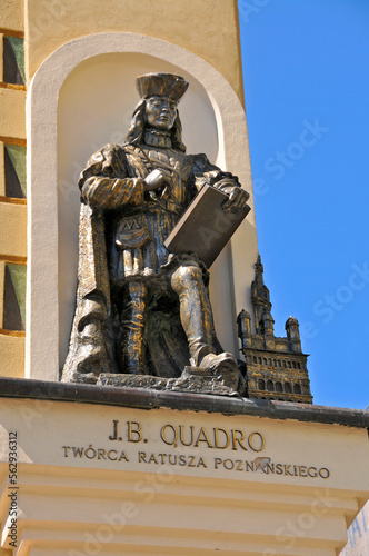 A townhouse on the square with a sculpture of the Giovanni Battista di Quadro. Poznan, Greater Poland Voivodeship, Poland.