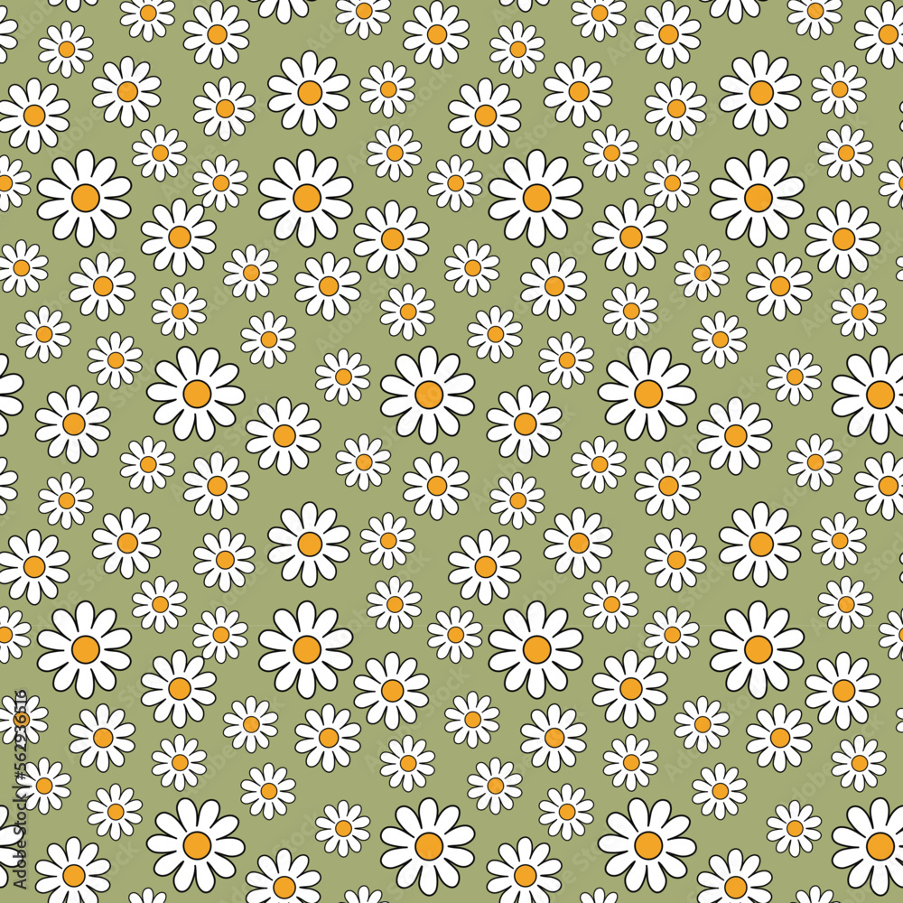 Minimalist simple 60s and 70s daisy pattern in retro style. Floral seamless background for fabric, wallpaper, wrapping paper. 