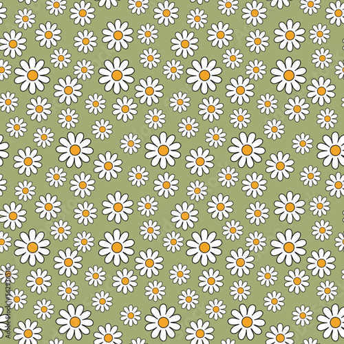 Minimalist simple 60s and 70s daisy pattern in retro style. Floral seamless background for fabric, wallpaper, wrapping paper. 