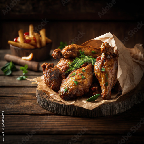 Baked chicken wings and nuggets on a wooden table, next to fries and other side dishes, generative AI 