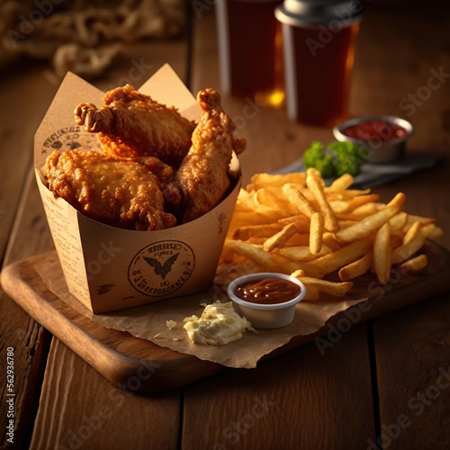 Baked chicken wings and nuggets on a wooden table, next to fries and other side dishes, generative AI 