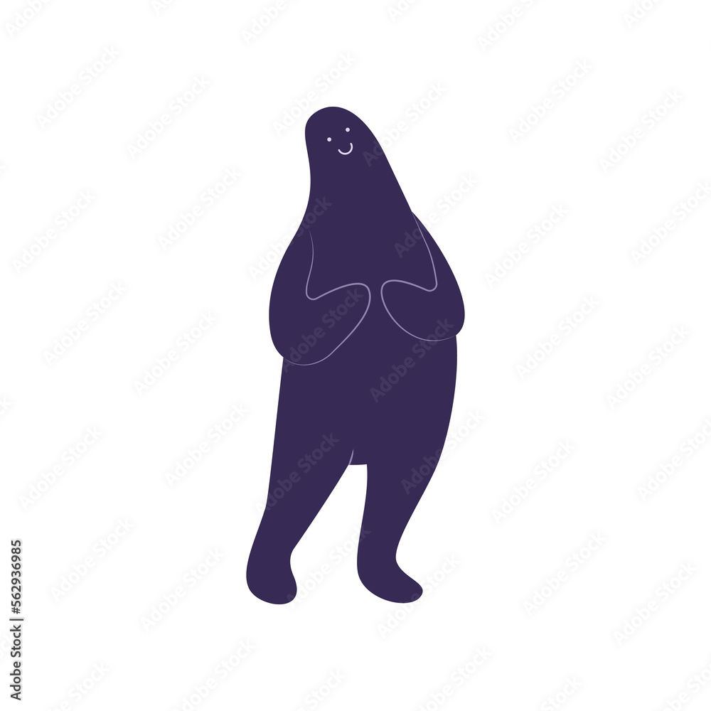 Strange creature standing and thinking cartoon illustration. Dark blue figure of human or person on white background. Cute person standing. Abstract characters concept Strange creature standing and thinking cartoon illustration. Dark blue figure of human or person on white background. Cute person standing. Abstract characters concept