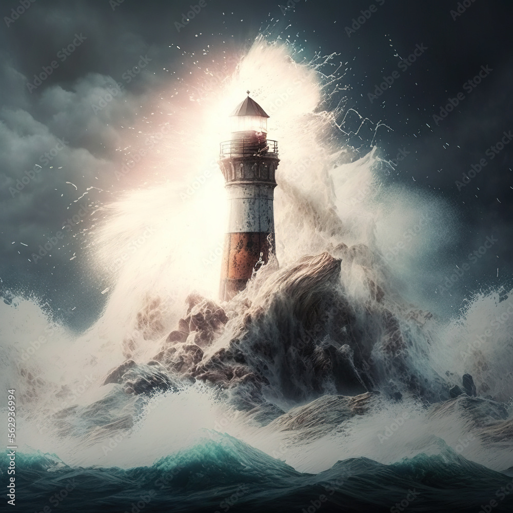 a lighthouse and a storm, generative AI  - obrazy, fototapety, plakaty 
