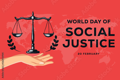 world day of social justice background with hand and scales of justice