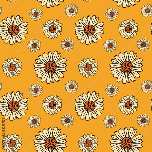 Hand drawn daisy floral seamless pattern background. 