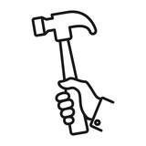 Hand holding hammer to repair or fix things icon. Repair tool line art symbol illustration.