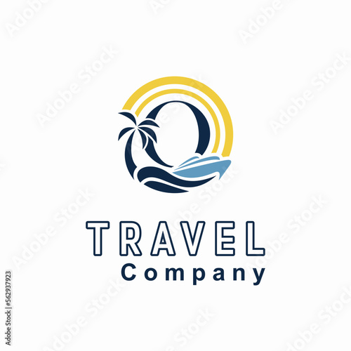 Initial O Letter With Coconut Palm Tree, Marine Ship, Sun Icon for Travel Guide Business Logo Idea Template