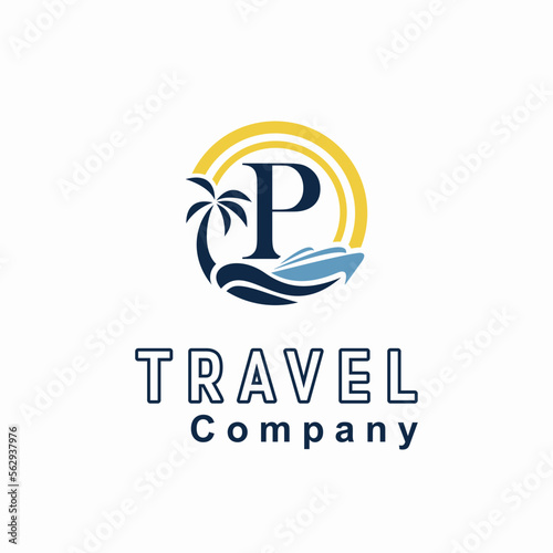 Initial P Letter With Coconut Palm Tree, Marine Ship, Sun Icon for Travel Guide Business Logo Idea Template