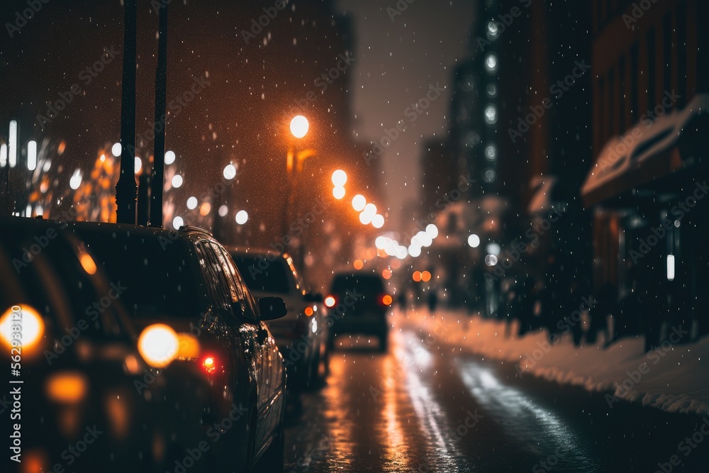 cars on the road in the snow at night, generative ai composite
