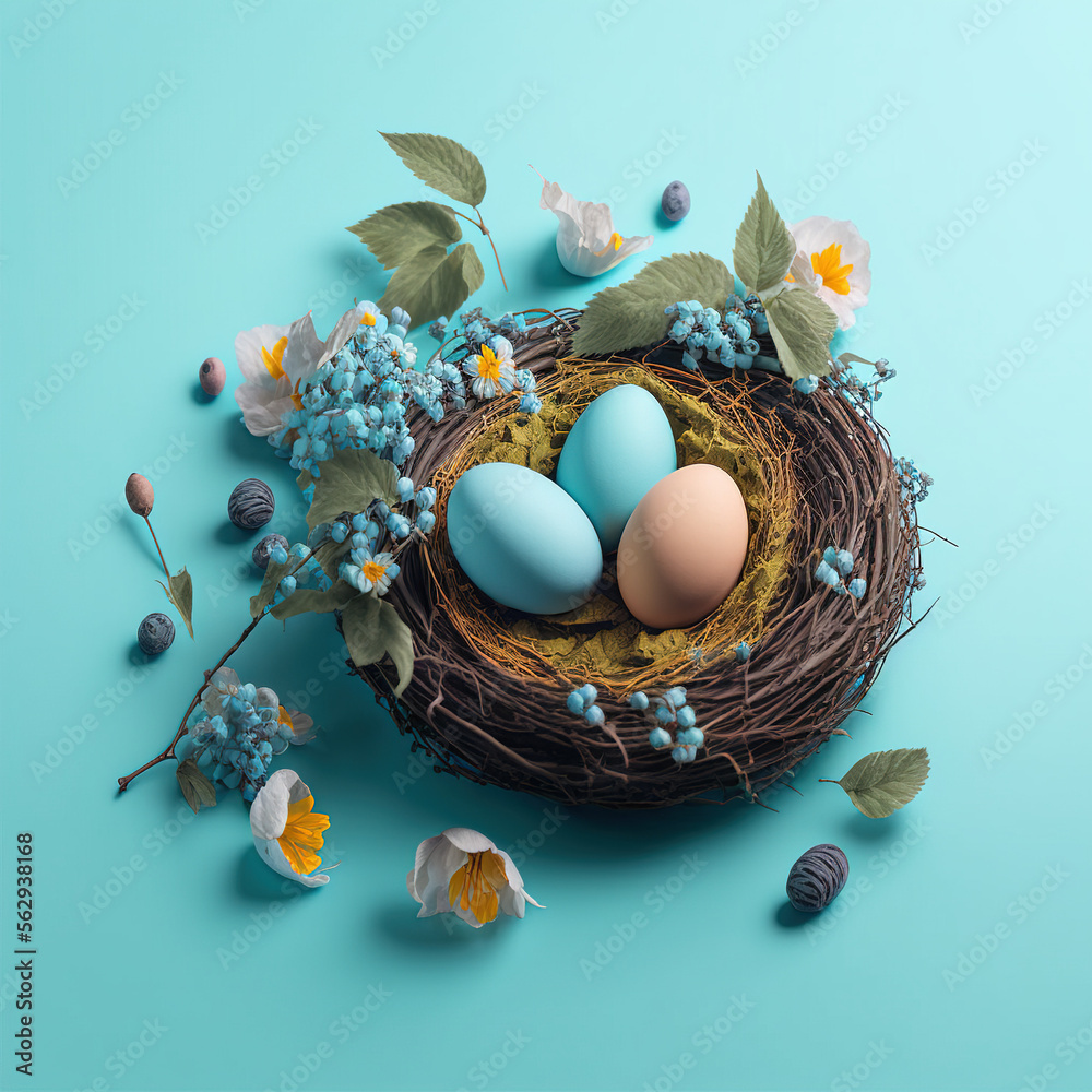Happy Easter concept with easter eggs in nest and spring flowers. Easter background with copy space. Generative AI - obrazy, fototapety, plakaty 