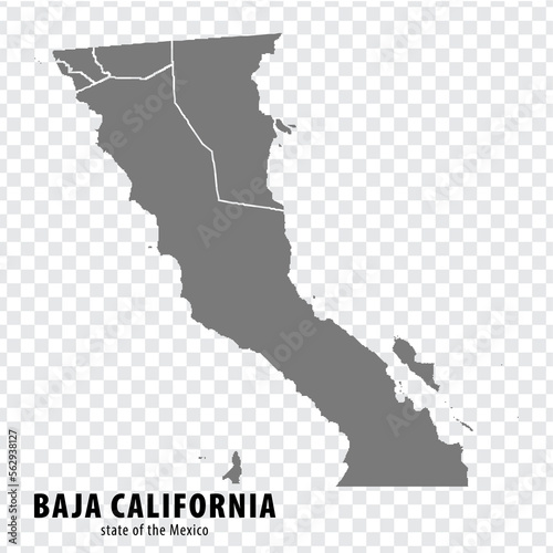 State Baja California of Mexico map on transparent background. Blank map of Baja California with regions in gray for your web site design, logo, app, UI. Mexico. EPS10.