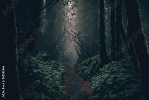 foggy forest with a path and overreaching branches, generative ai composite photo