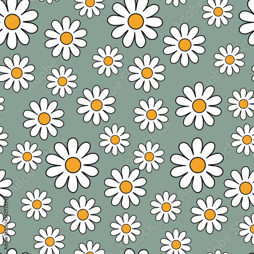 Minimalist simple 60s and 70s daisy pattern in retro style. Floral seamless background for fabric, wallpaper, wrapping paper. 