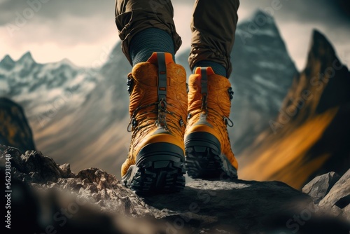 hiking boots closeup of a mountain climber, generative ai composite