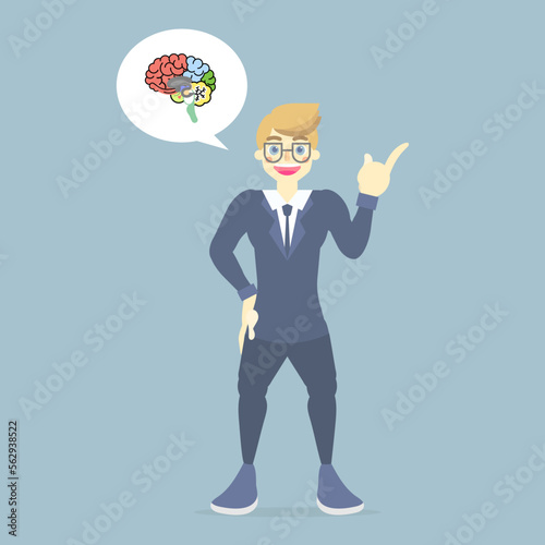 happy, smiling businessman in suit standing with light bulb lamp and brain, having idea creative, inspiration, successful metaphor concept, flat vector illustration character cartoon design clip art