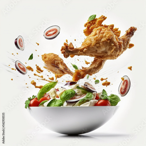 an explosion of a plate containing roast chicken and salad, generative AI 