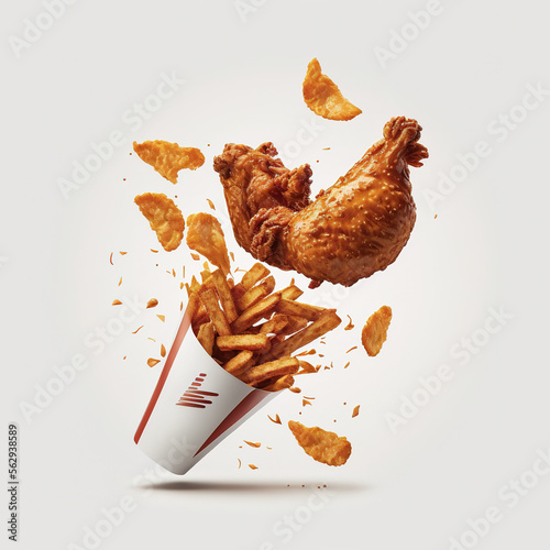 bucket explosion containing roast chicken and fries, generative AI