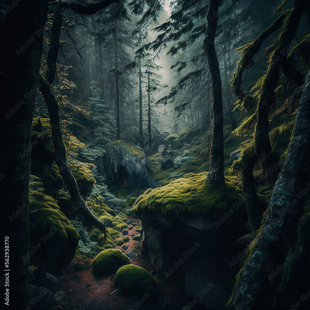 Green forest with fog, Generative AI - obrazy, fototapety, plakaty 