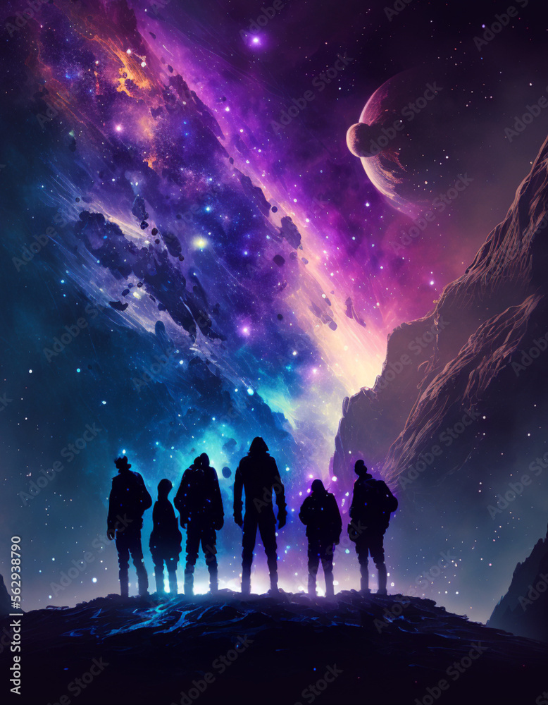 Exploring the Cosmos: Five Adventurers in front of a Nebula Exploring the Cosmos: Five Adventurers in front of a Nebula