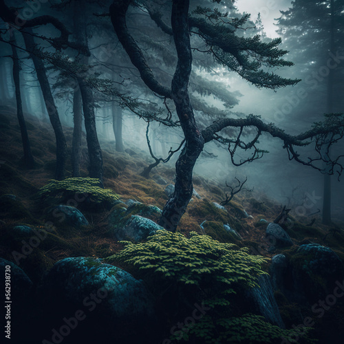 Green forest with fog  Generative AI