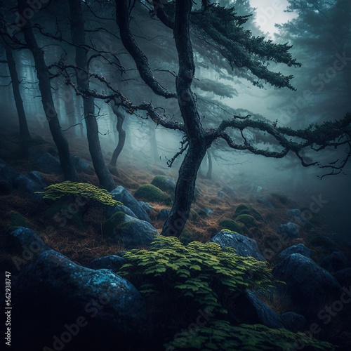 Green forest with fog, Generative AI