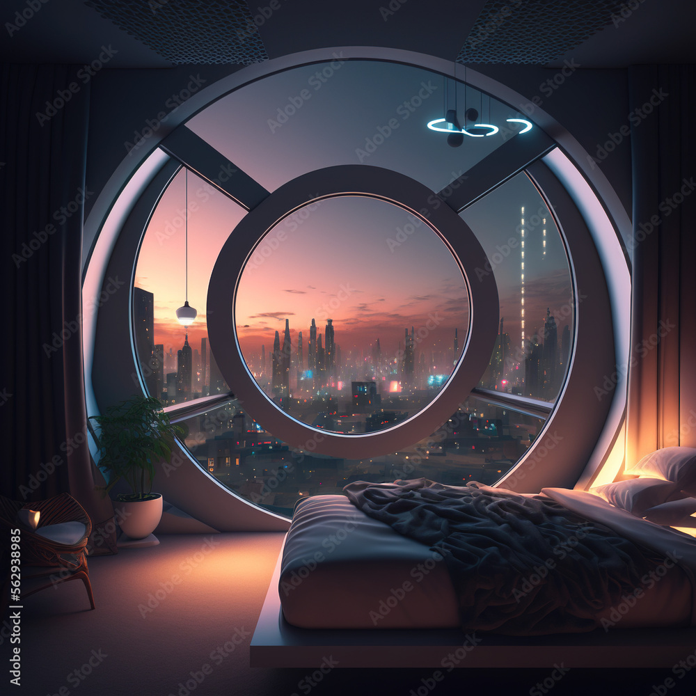 Interior design, bedroom with large window and view of the city at night, generative AI - obrazy, fototapety, plakaty 