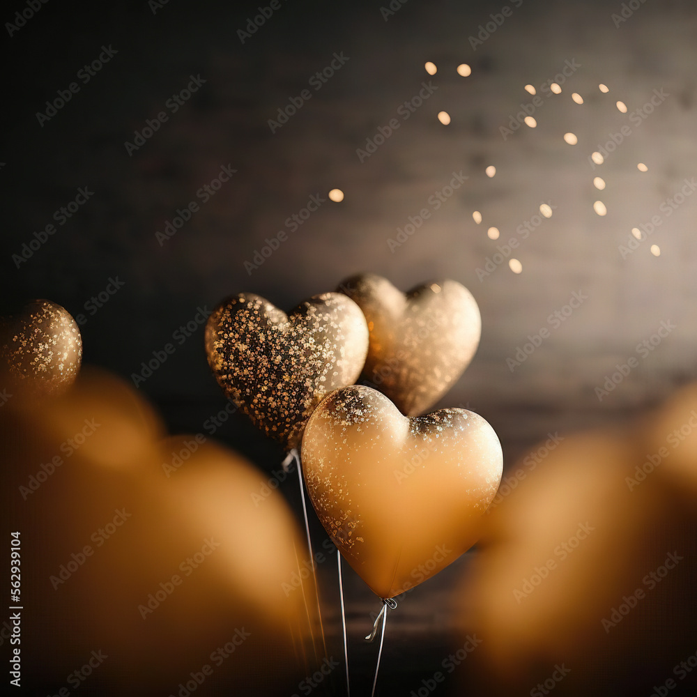 Fototapeta premium gold heart-shaped balloons on gold background, 3d, generative AI