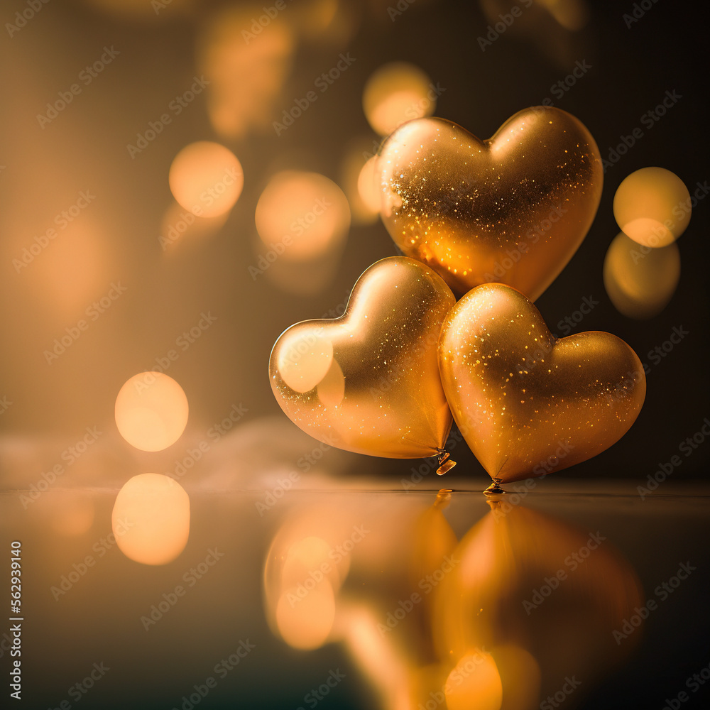 Fototapeta premium gold heart-shaped balloons on gold background, 3d, generative AI