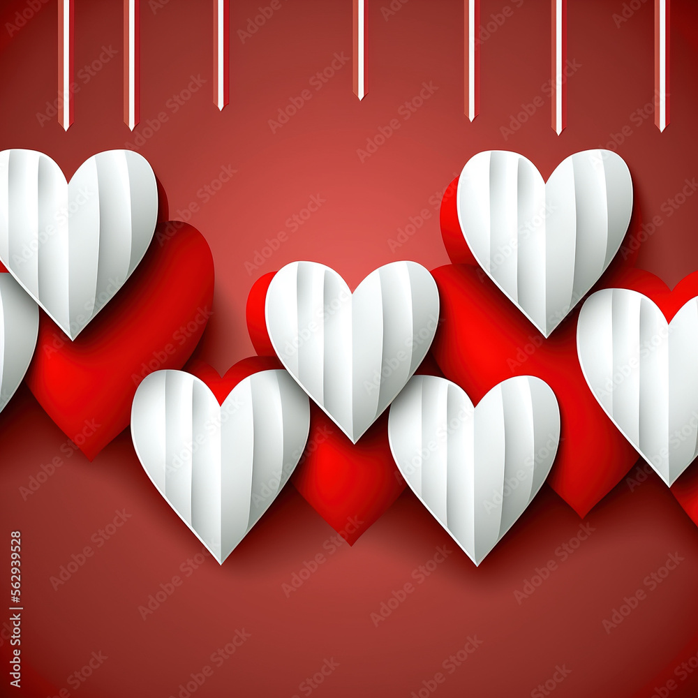 white and red 3d hearts on red background, generative AI - obrazy, fototapety, plakaty 