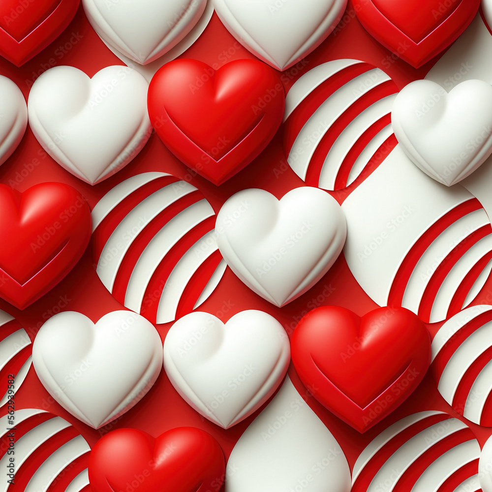 white and red 3d hearts on red background, generative AI - obrazy, fototapety, plakaty 
