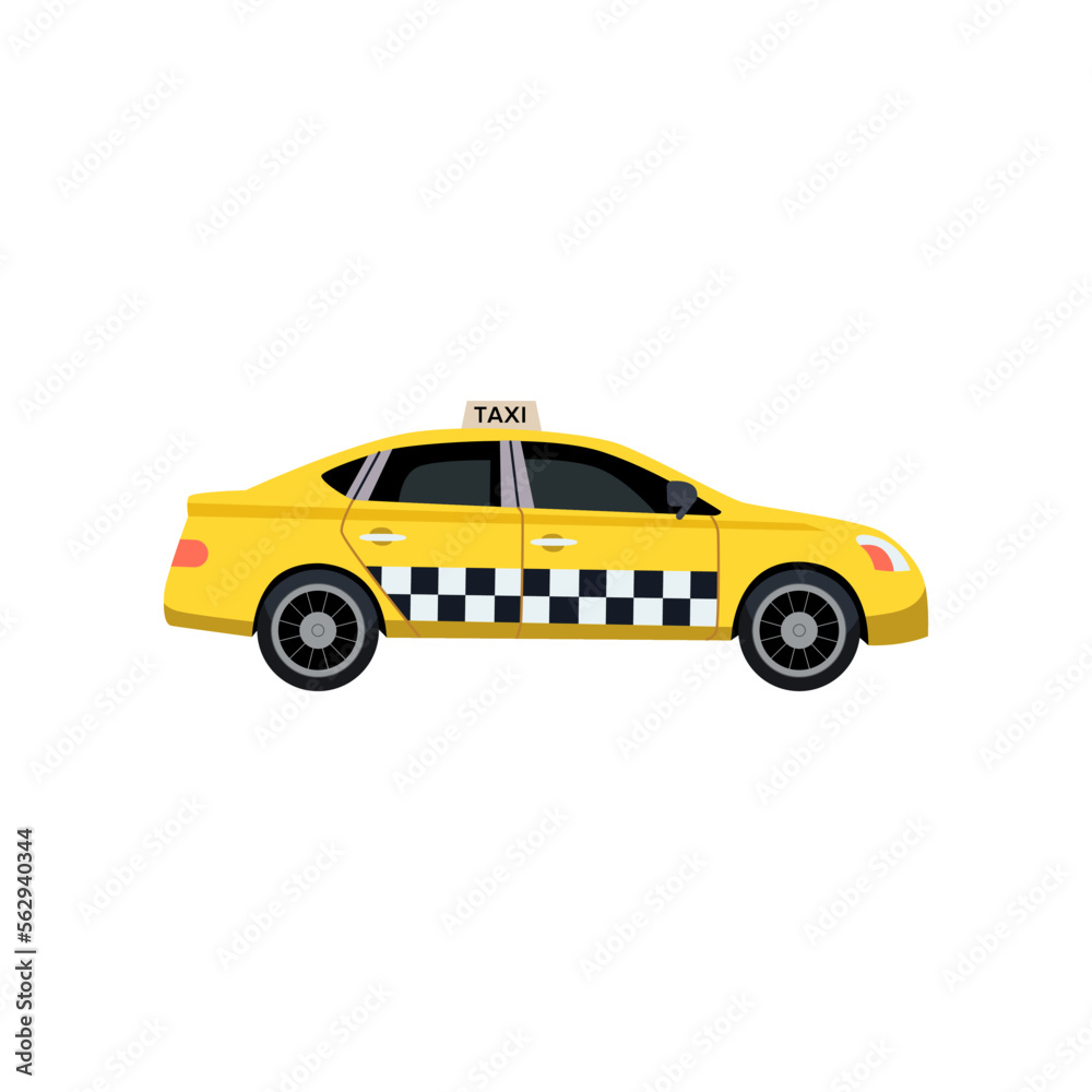 Taxi car side view vector illustration. Taxi cab side view, yellow car isolated on white background. Traveling, transportation concept Taxi car side view vector illustration. Taxi cab side view, yellow car isolated on white background. Traveling, transportation concept