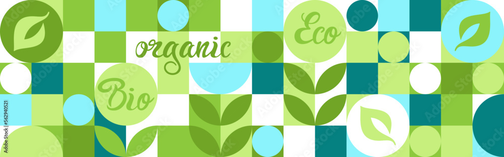 Bio label for ecological social projects, seamless pattern for green flowers eco packaging. Banner in natural style, mosaic of geometric white shapes. Bio label for ecological social projects, seamless pattern for green flowers eco packaging. Banner in natural style, mosaic of geometric white shapes.